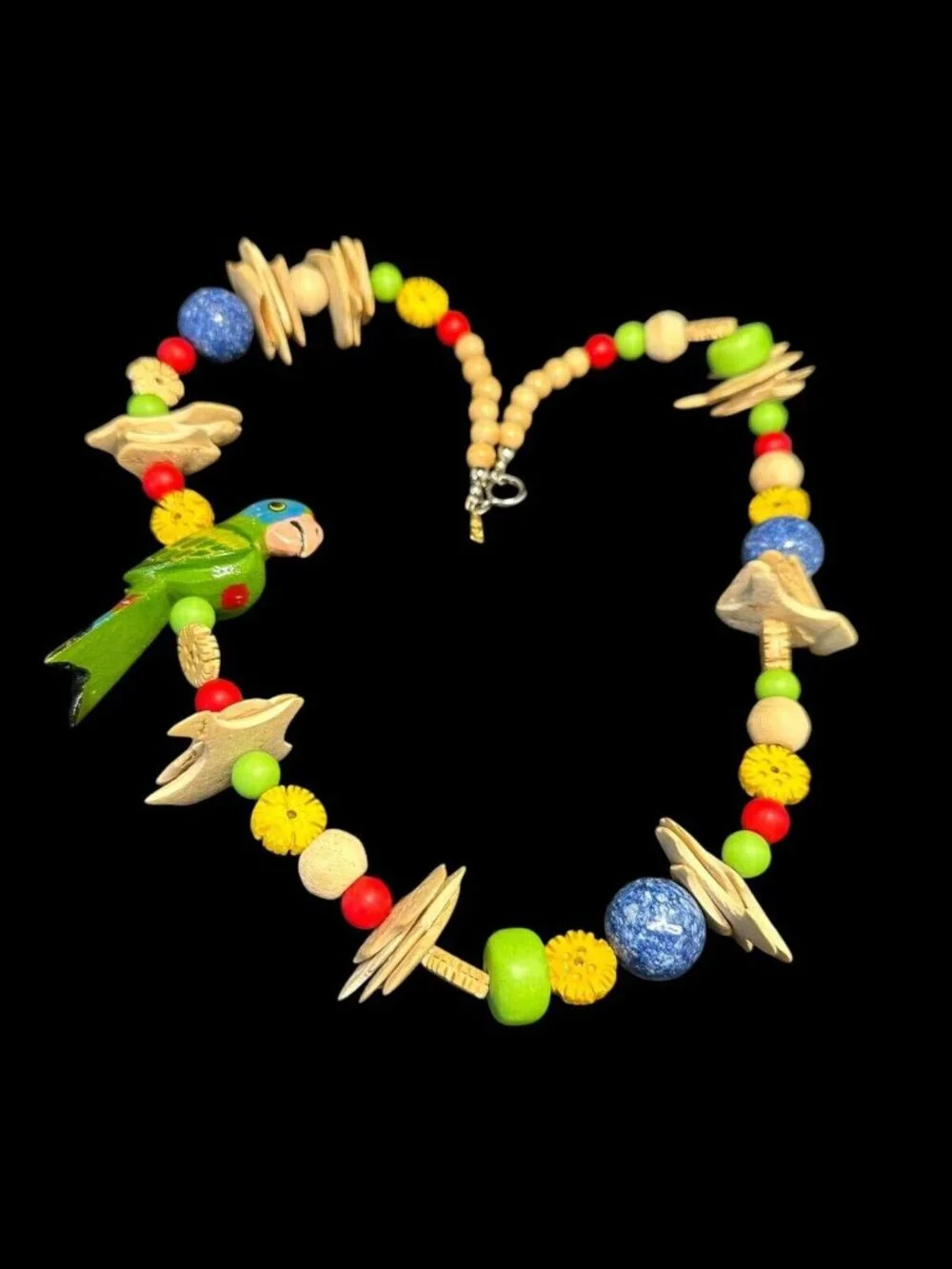 Signed PN Tropical Wood Beads Painted Parrot Necklace 27 inches Designer